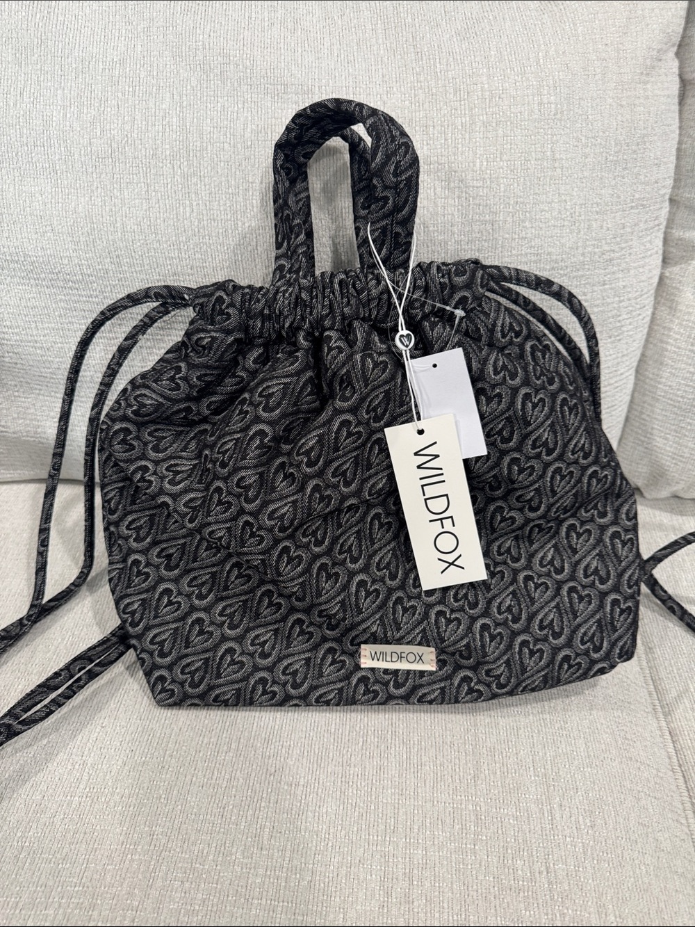 Wildfox Charcoal Gray Heart Jacquard Drawstring Tote